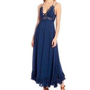 FREE PEOPLE Adella Maxi Slip Dress NEW NWT Size Medium Midnight Blue Lace Ruffle